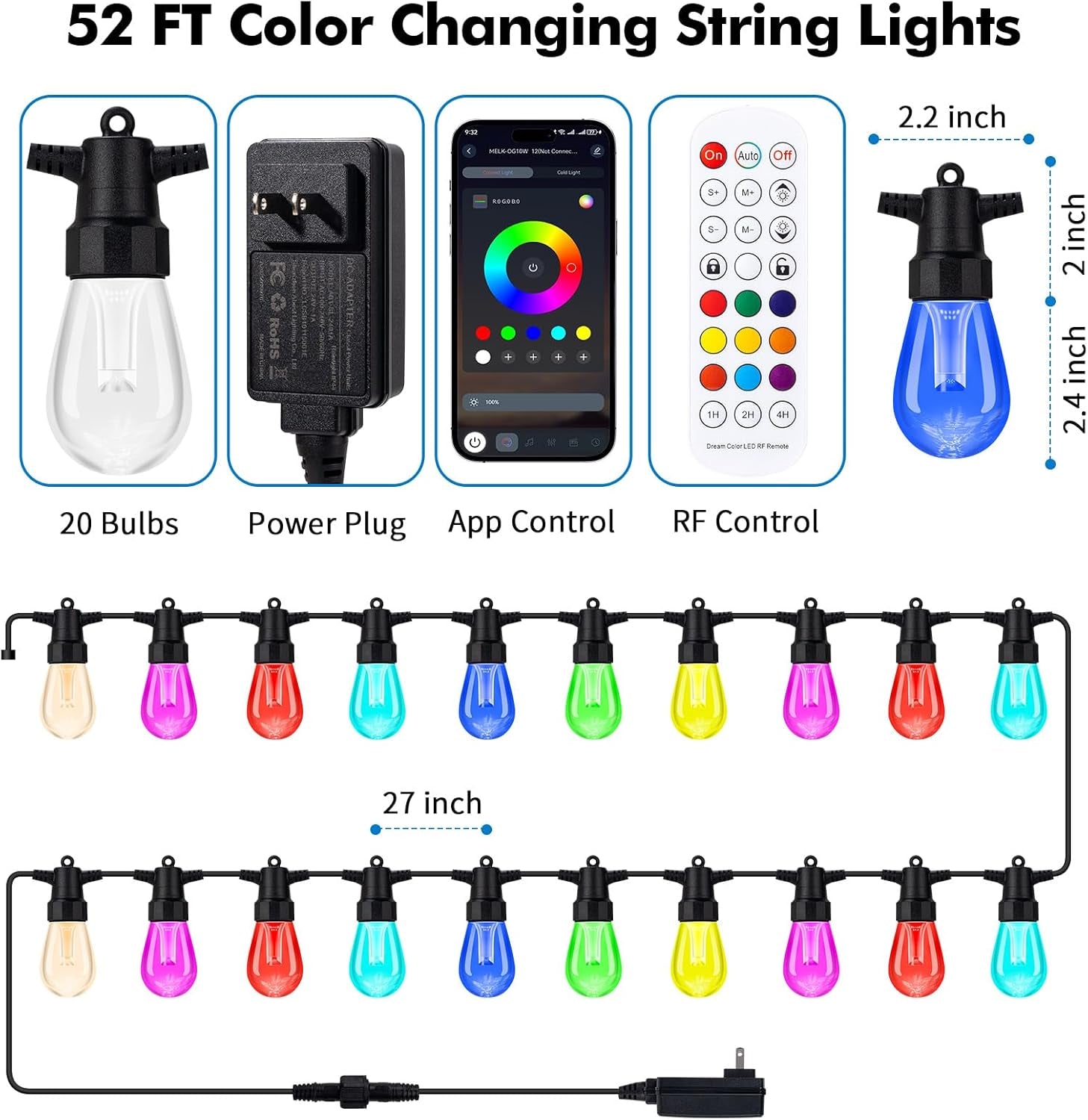 Outdoor String Lights Waterproof Patio Lights 104FT (2X52Ft) 40 RGBW Dimmable LED Bulbs, APP & Remote Control, Shatterproof Hanging Color Changing Lights for outside Backyard Party Porch Balcony