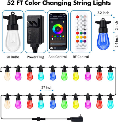 Outdoor String Lights Waterproof Patio Lights 104FT (2X52Ft) 40 RGBW Dimmable LED Bulbs, APP & Remote Control, Shatterproof Hanging Color Changing Lights for outside Backyard Party Porch Balcony