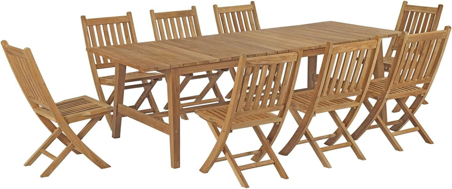 EEI-3313-NAT-SET Marina 9 Piece Patio Teak Outdoor Dining Set in Natural, Eight Folding Side Chair/One Table,