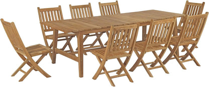 EEI-3313-NAT-SET Marina 9 Piece Patio Teak Outdoor Dining Set in Natural, Eight Folding Side Chair/One Table,