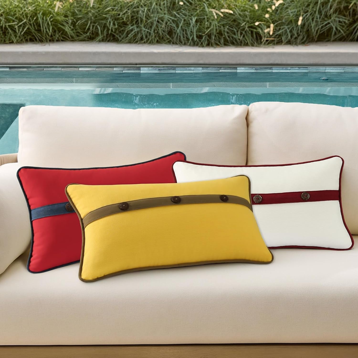 Outdoor Sunbrella Decorative Pillows with Triple Coconut Buttons Pack of 4, 20" X 12" Outdoor Pillow Set for Couch Bed Throw Patio Sofa, Canvas Logo Red/Specrtum Indigo