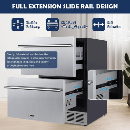 24 Inch Double Drawer Fridge, Stainless Steel Outdoor Beverage Refrigerator for Patio and Kitchen, Freestanding or Built-In, Mobile Grid Organizer, Home and Commercial Use
