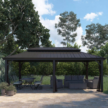 12 Ft. X 20 Ft. Brown Aluminum Frame Double Iron Roof Hardtop Gazebo with Hooks and Mosquito Netting, for Backyard Patio