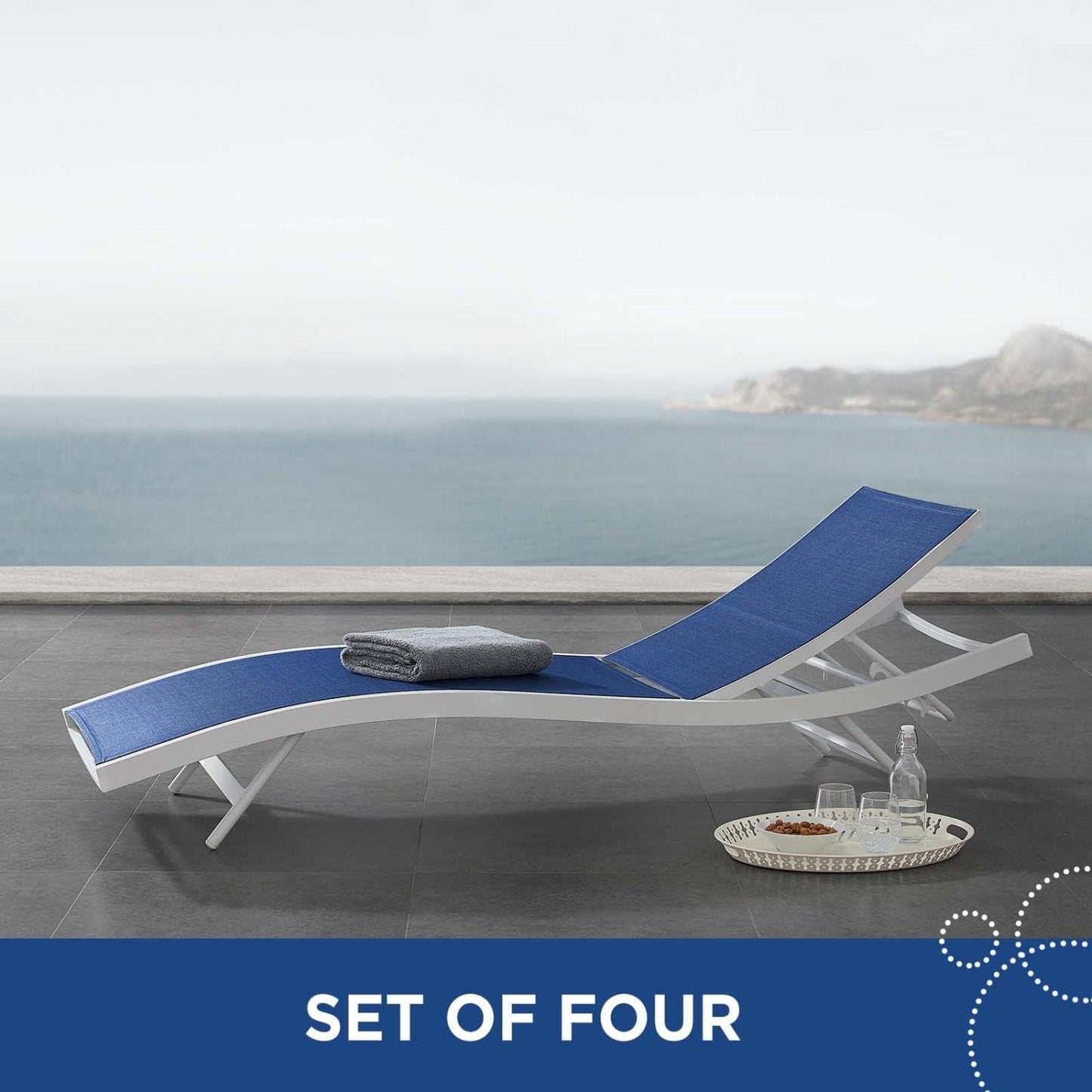 Glimpse Outdoor Patio Mesh Chaise Lounge Set of 4 in White Navy