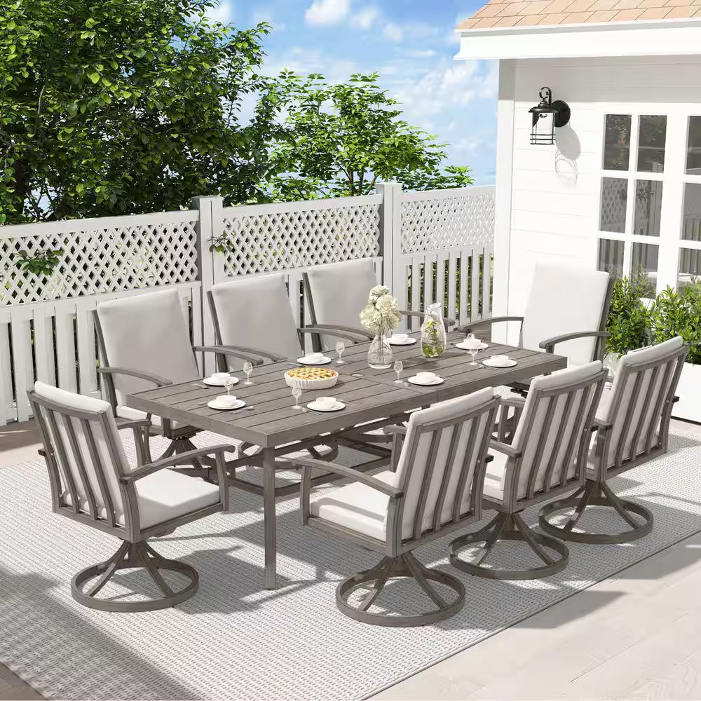 Alulux 9-Piece Aluminum Outdoor Dining Set with Swivel Rockers Chairs and Gray Cushions