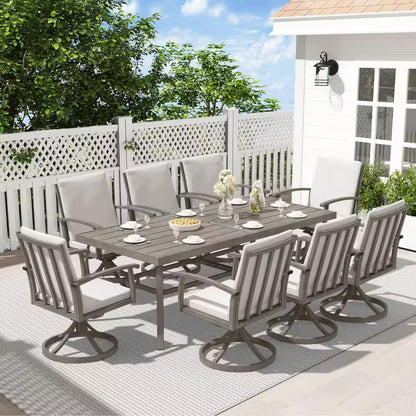 Alulux 9-Piece Aluminum Outdoor Dining Set with Swivel Rockers Chairs and Gray Cushions