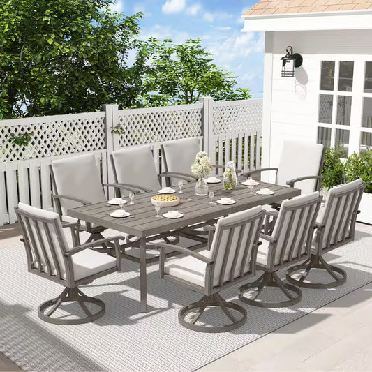 Alulux 9-Piece Aluminum Outdoor Dining Set with Swivel Rockers Chairs and Gray Cushions