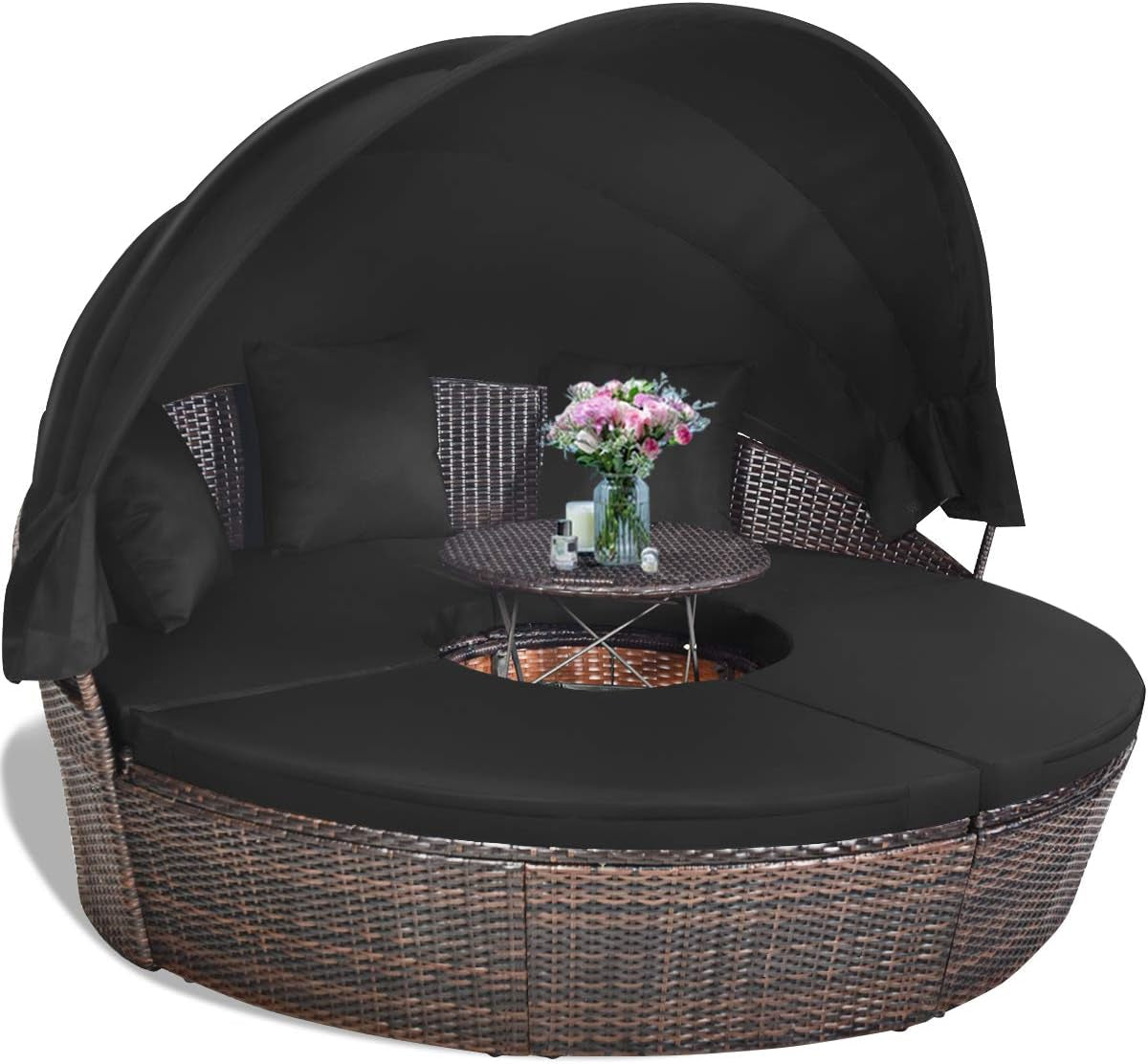 Patio round Daybed with Retractable Canopy, Wicker Furniture Sectional Couch with Separate Cushioned Seats, Adjustable Table Top, Patio Rattan Daybed Sofa for Backyard, Poolside, Black