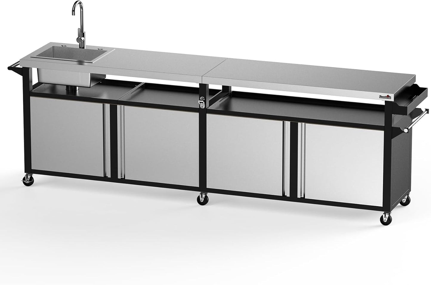 Rolling Outdoor Kitchen Island with Stainless Steel Table Top & Storage Cabinets, Sink&Faucet Included, Extra Large