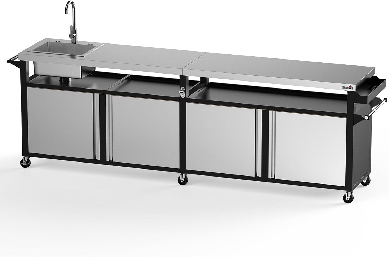Rolling Outdoor Kitchen Island with Stainless Steel Table Top & Storage Cabinets, Sink&Faucet Included, Extra Large