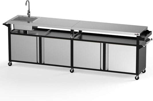 Rolling Outdoor Kitchen Island with Stainless Steel Table Top & Storage Cabinets, Sink&Faucet Included, Extra Large