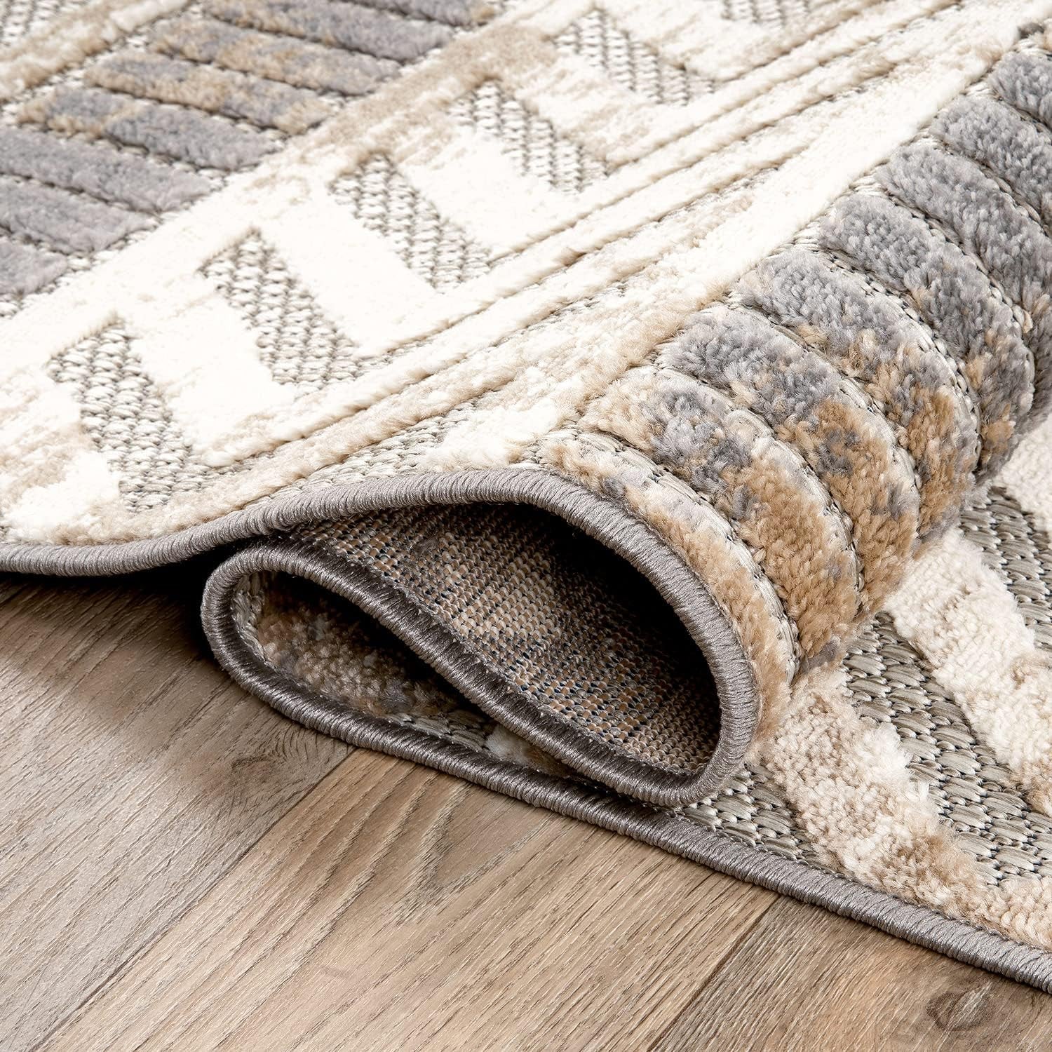 Distressed Geometric Indoor/Outdoor Beige Area Rug Modern Tribal Stripe, Durable Stain Resistant Perfect for Patio, Backyard, Deck and Outdoor Lounge 5' X 7'