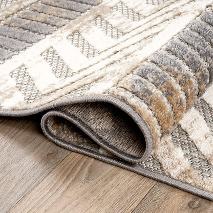 Distressed Geometric Indoor/Outdoor Beige Area Rug Modern Tribal Stripe, Durable Stain Resistant Perfect for Patio, Backyard, Deck and Outdoor Lounge 5' X 7'