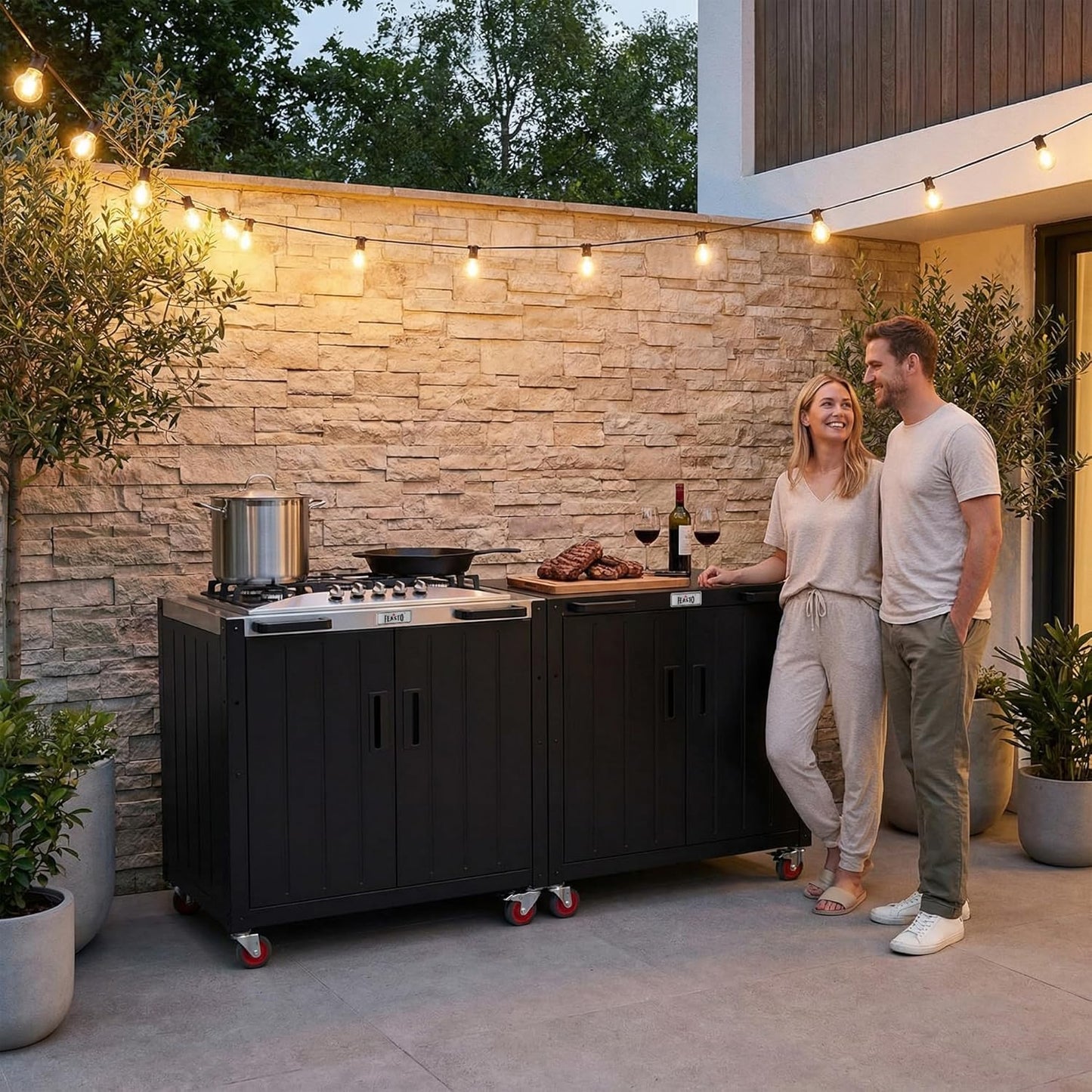 Outdoor Kitchen Island with Propane Gas Stove and Storage Cabinet, 35-Inch Outdoor Cooking Station with 304 Stainless Steel Top & Lockable Wheels for Backyard Patio, Black & Silver