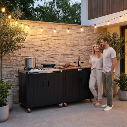 Outdoor Kitchen Island with Propane Gas Stove and Storage Cabinet, 35-Inch Outdoor Cooking Station with 304 Stainless Steel Top & Lockable Wheels for Backyard Patio, Black & Silver