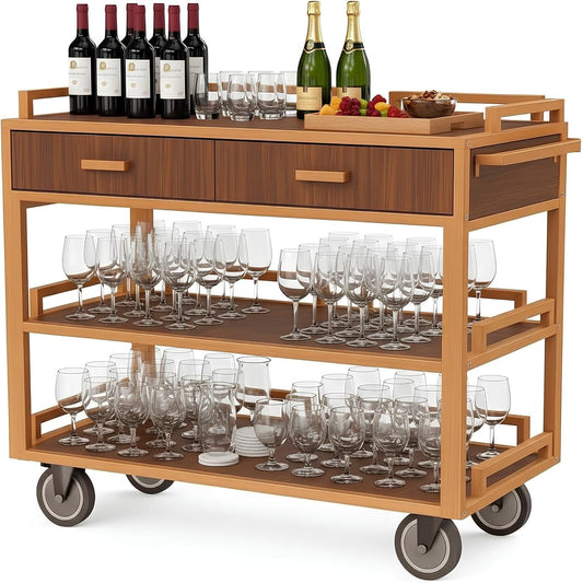 Vintage Bar Cart,3-Tier Wood Serving Cart with Wheels and Storage,150 Lbs Heavy Duty Metal Frame Rolling Drink Cart for Dining Room, Outdoor,Commercial