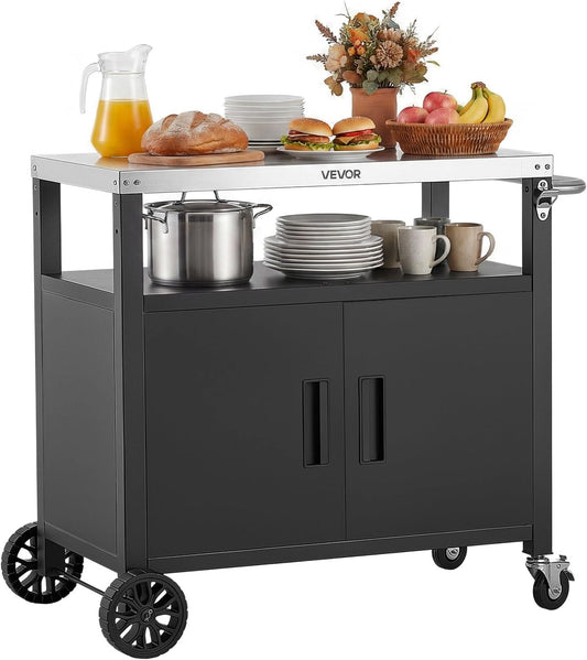 Outdoor Grill Cart with Storage Cabinet, 36.4 Inch Grill Table, Waterproof Kitchen Island with Stainless Steel Top, Shelf, and Wheels, Movable Food Prep Station for Patio Bar Backyard BBQ