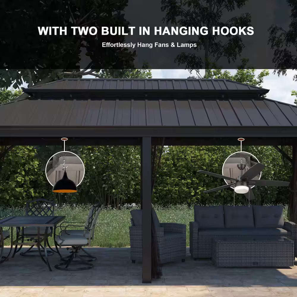 12 Ft. X 20 Ft. Brown Aluminum Frame Double Iron Roof Hardtop Gazebo with Hooks and Mosquito Netting, for Backyard Patio