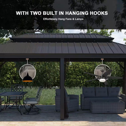 12 Ft. X 20 Ft. Brown Aluminum Frame Double Iron Roof Hardtop Gazebo with Hooks and Mosquito Netting, for Backyard Patio