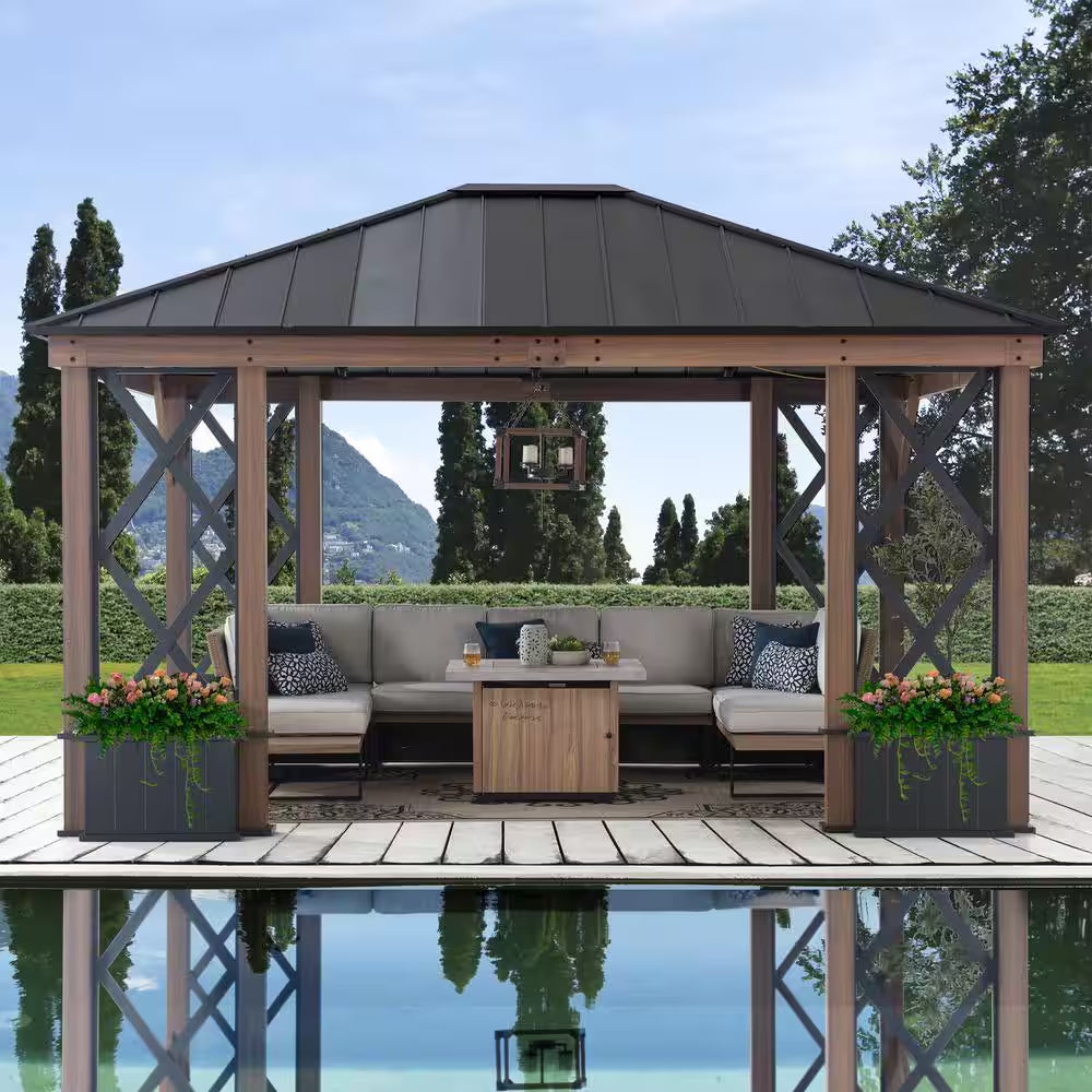 13 Ft. X 15 Ft. Black Galvanized Steel Aluminum Framed Hardtop Gazebo with Planters Shelves and Private Screen