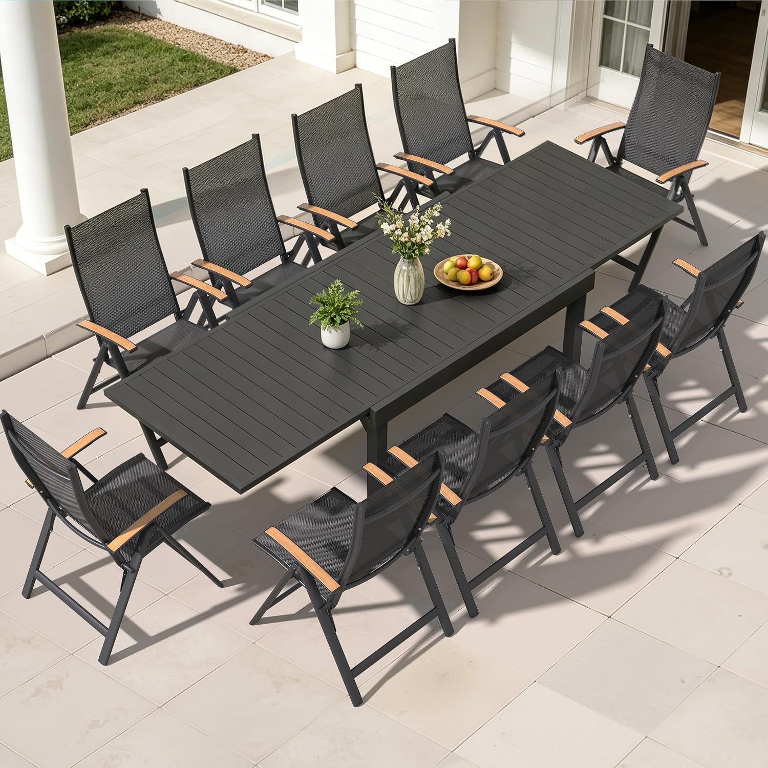 11 Pieces Aluminum Outdoor Dining Set for 6-10 Person, 53" - 106" Expandable Outdoor Dining Table and 10 Foldable Chairs, Weather Resistant Outdoor Furniture Set for Deck, Porch & Backyard