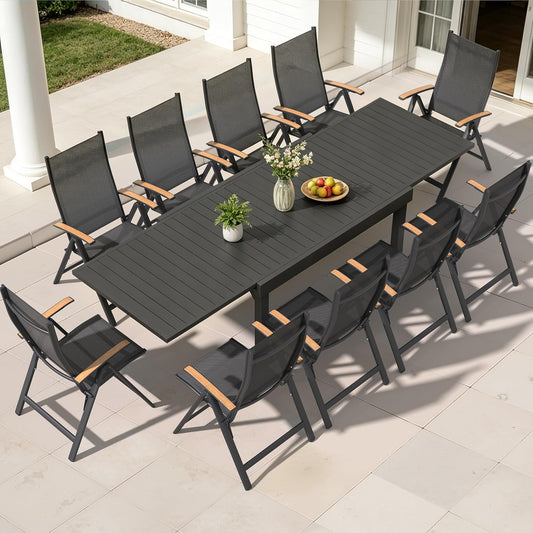 11 Pieces Aluminum Outdoor Dining Set for 6-10 Person, 53" - 106" Expandable Outdoor Dining Table and 10 Foldable Chairs, Weather Resistant Outdoor Furniture Set for Deck, Porch & Backyard