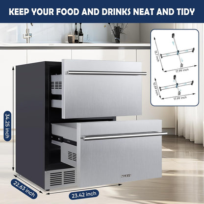 24 Inch Double Drawer Fridge, Stainless Steel Outdoor Beverage Refrigerator for Patio and Kitchen, Freestanding or Built-In, Mobile Grid Organizer, Home and Commercial Use