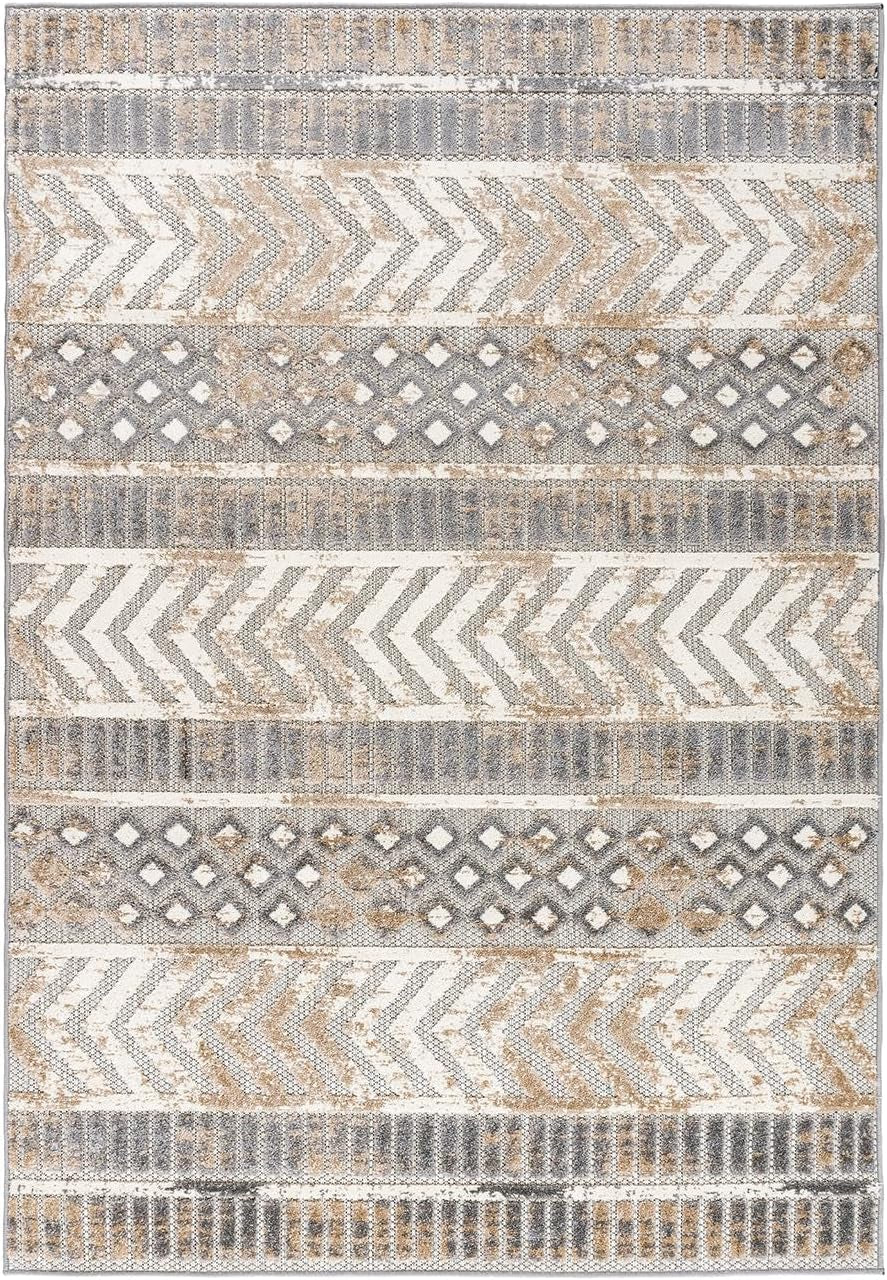 Distressed Geometric Indoor/Outdoor Beige Area Rug Modern Tribal Stripe, Durable Stain Resistant Perfect for Patio, Backyard, Deck and Outdoor Lounge 5' X 7'