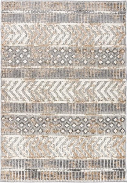 Distressed Geometric Indoor/Outdoor Beige Area Rug Modern Tribal Stripe, Durable Stain Resistant Perfect for Patio, Backyard, Deck and Outdoor Lounge 5' X 7'