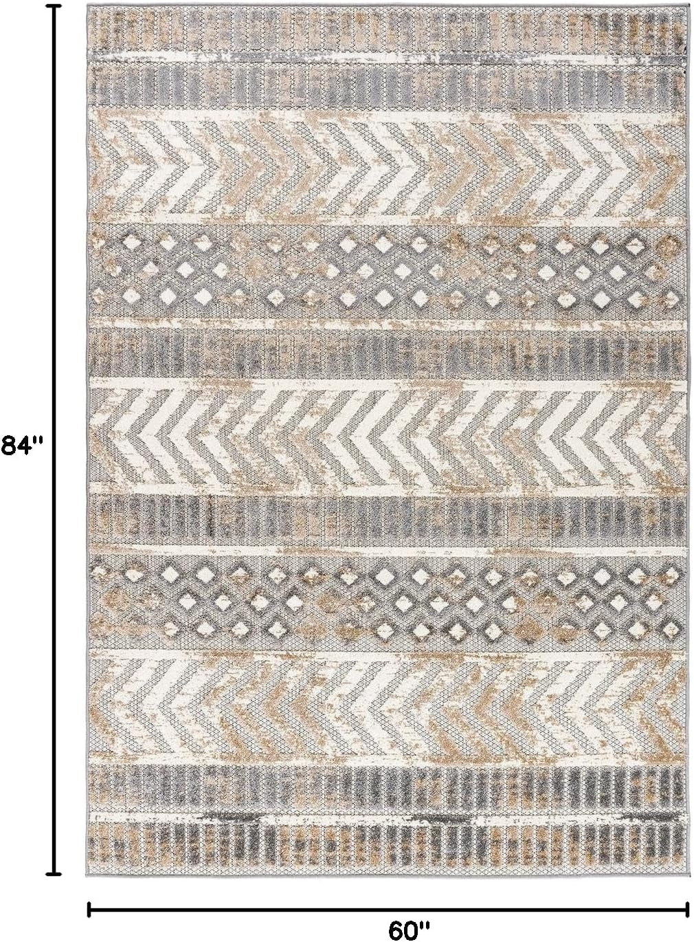Distressed Geometric Indoor/Outdoor Beige Area Rug Modern Tribal Stripe, Durable Stain Resistant Perfect for Patio, Backyard, Deck and Outdoor Lounge 5' X 7'