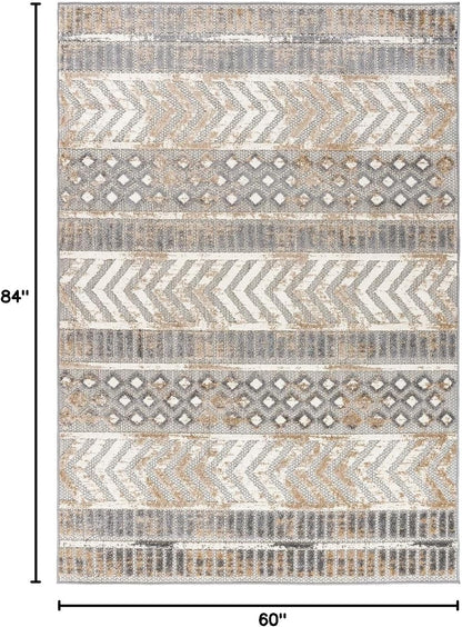 Distressed Geometric Indoor/Outdoor Beige Area Rug Modern Tribal Stripe, Durable Stain Resistant Perfect for Patio, Backyard, Deck and Outdoor Lounge 5' X 7'