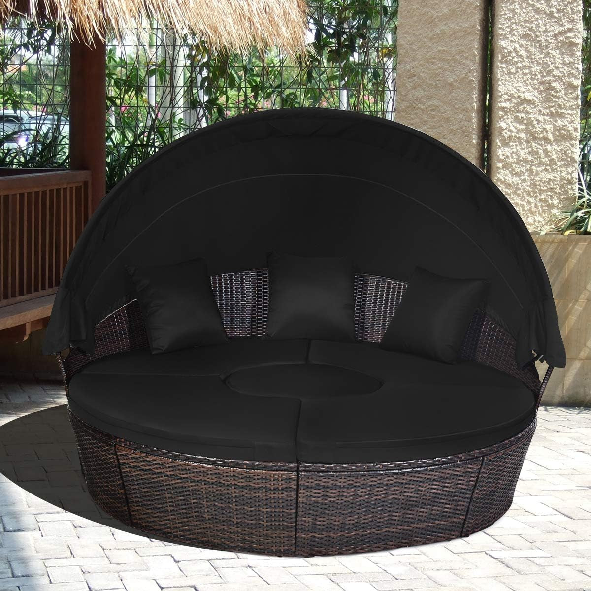 Patio round Daybed with Retractable Canopy, Wicker Furniture Sectional Couch with Separate Cushioned Seats, Adjustable Table Top, Patio Rattan Daybed Sofa for Backyard, Poolside, Black