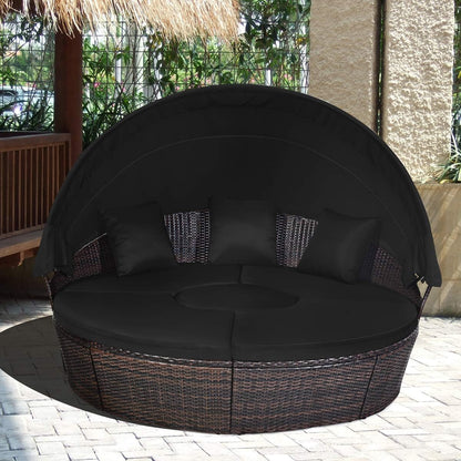 Patio round Daybed with Retractable Canopy, Wicker Furniture Sectional Couch with Separate Cushioned Seats, Adjustable Table Top, Patio Rattan Daybed Sofa for Backyard, Poolside, Black