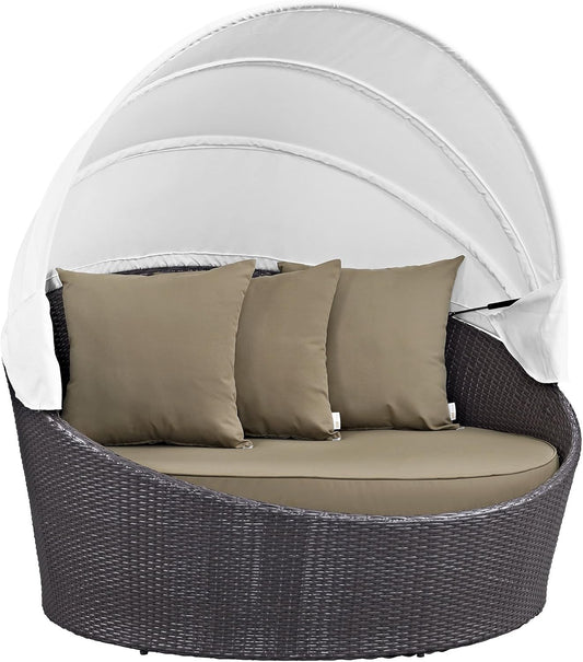 Convene Wicker Rattan Outdoor Patio Retractable Canopy round Poolside Sofa Daybed in Espresso Mocha