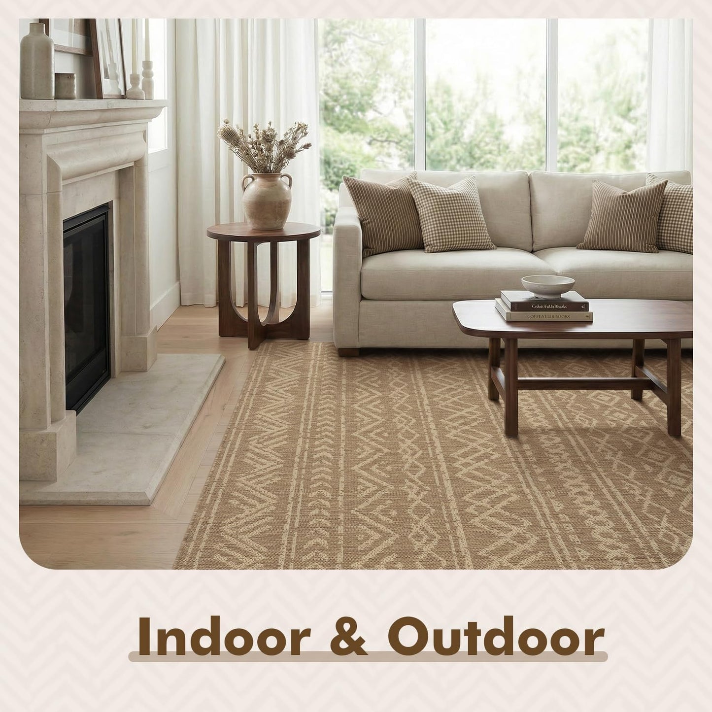 -Outdoor Rug-Patio Rug 8X10 Polypropylene Indoor Outdoor Rug Outdoor Carpet for Patio Deck Balcony Porch, Textured Weave, Durable for High Traffic, Fade-Resistant, Boho Farmhouse Neutral Brown