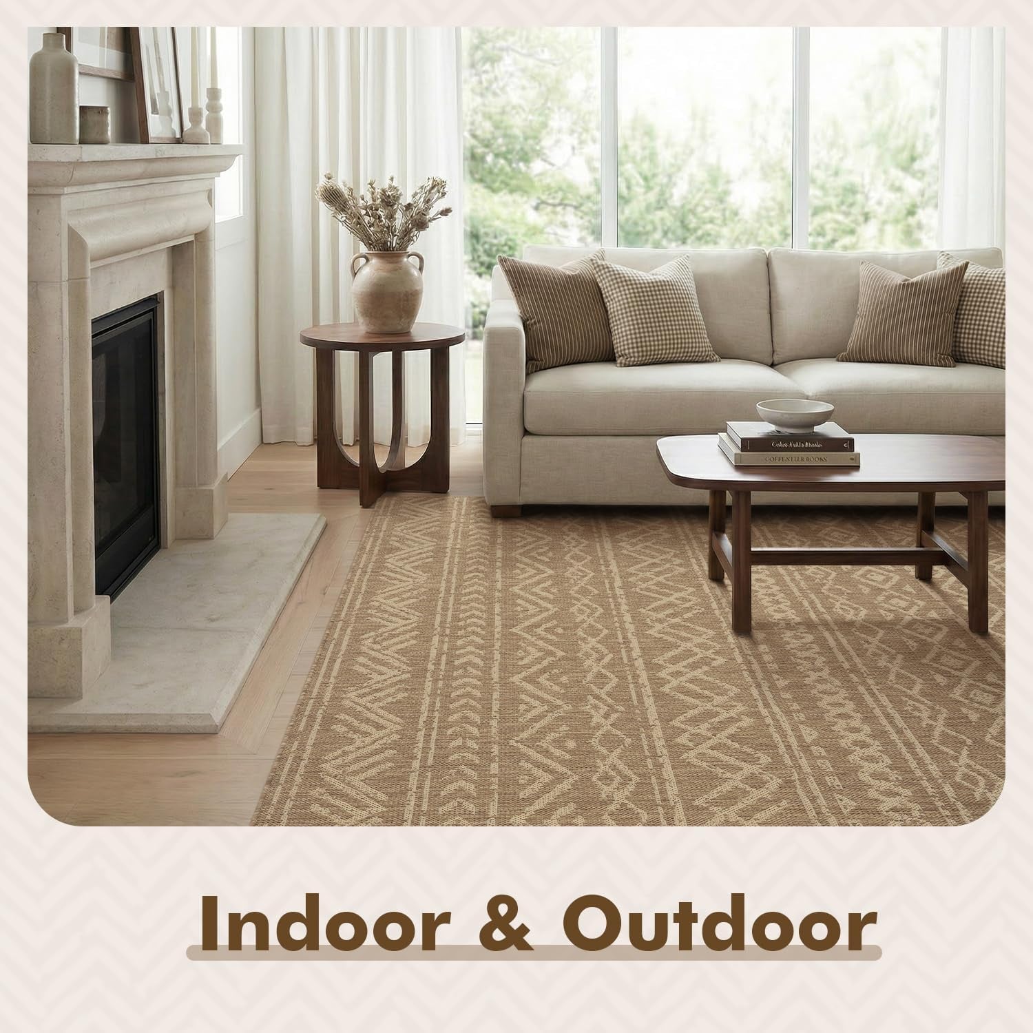 -Outdoor Rug-Patio Rug 8X10 Polypropylene Indoor Outdoor Rug Outdoor Carpet for Patio Deck Balcony Porch, Textured Weave, Durable for High Traffic, Fade-Resistant, Boho Farmhouse Neutral Brown