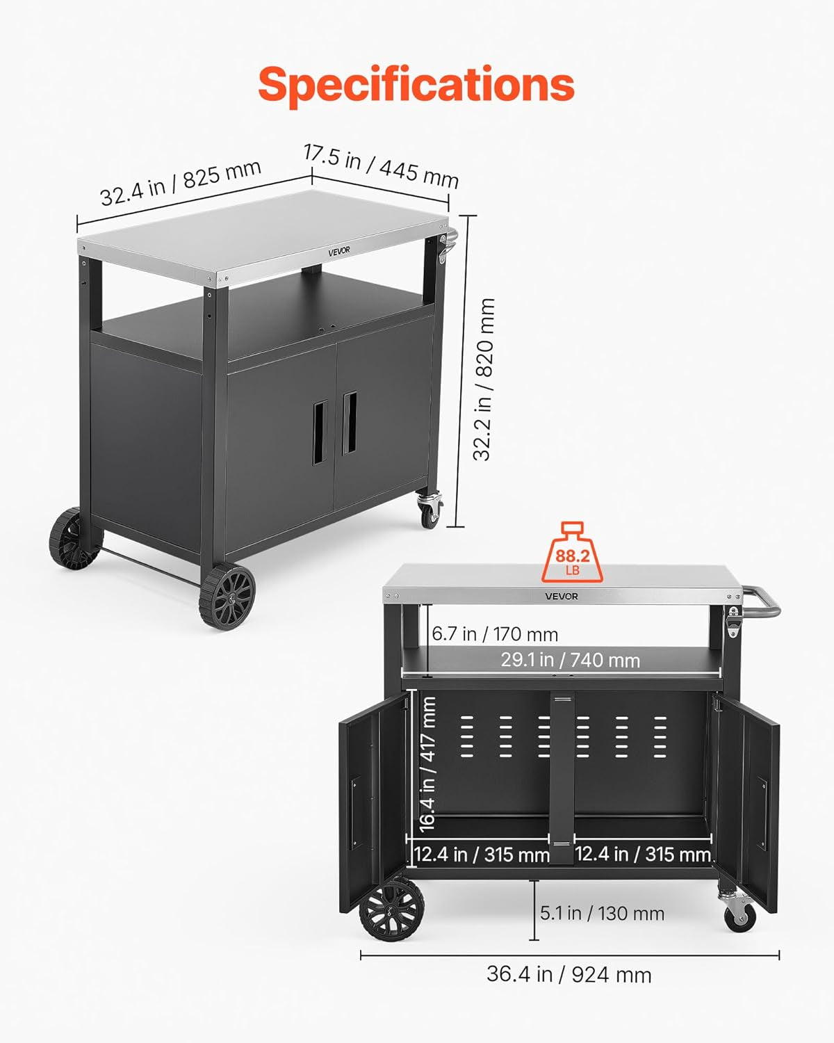 Outdoor Grill Cart with Storage Cabinet, 36.4 Inch Grill Table, Waterproof Kitchen Island with Stainless Steel Top, Shelf, and Wheels, Movable Food Prep Station for Patio Bar Backyard BBQ