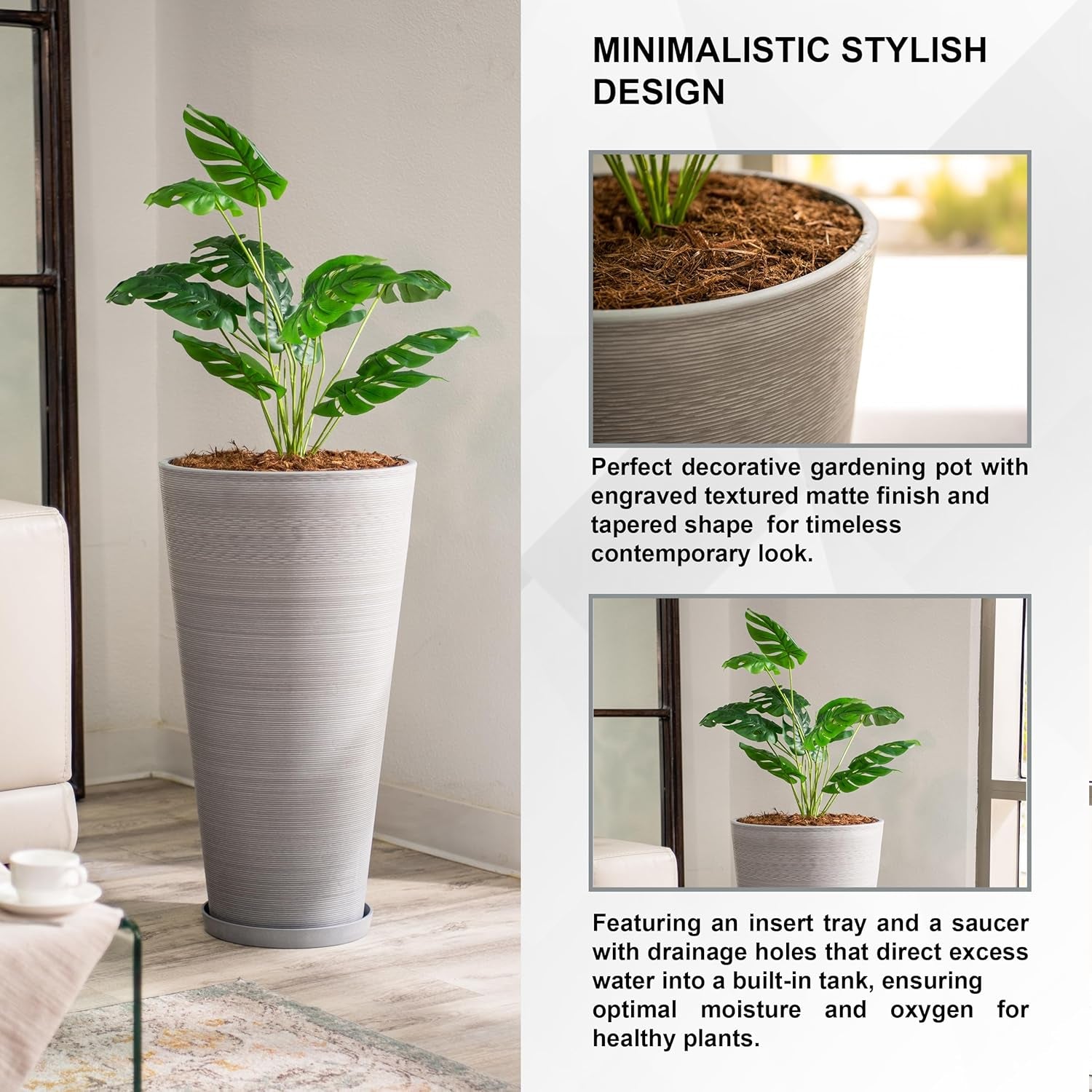 Modern 28-Inch Tall round Planter, Modern Tapered Planter Perfect for Indoor & Outdoor Planter, Patio Décor, Set of 2, Gray