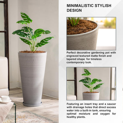 Modern 28-Inch Tall round Planter, Modern Tapered Planter Perfect for Indoor & Outdoor Planter, Patio Décor, Set of 2, Gray