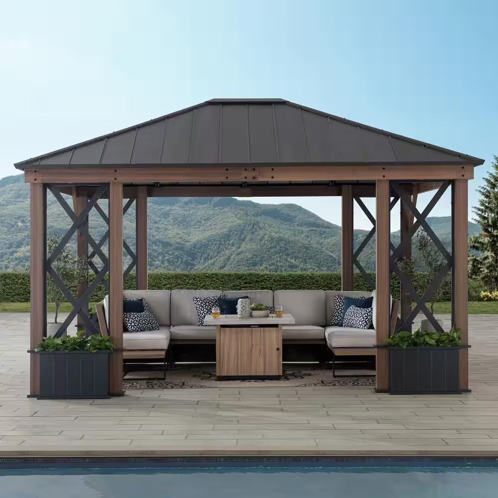 13 Ft. X 15 Ft. Black Galvanized Steel Aluminum Framed Hardtop Gazebo with Planters Shelves and Private Screen