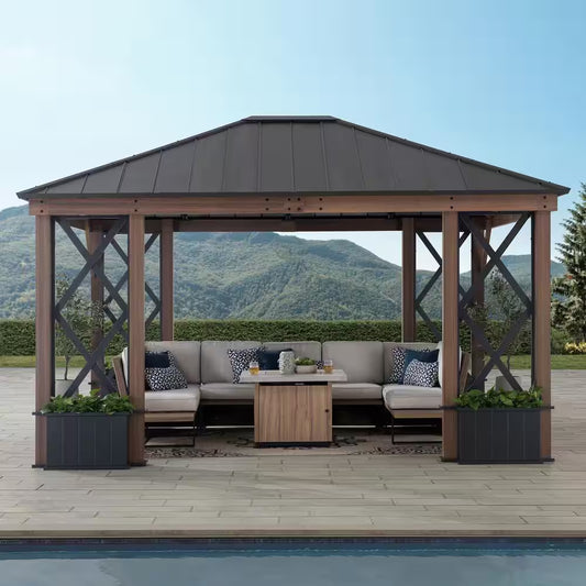 13 Ft. X 15 Ft. Black Galvanized Steel Aluminum Framed Hardtop Gazebo with Planters Shelves and Private Screen