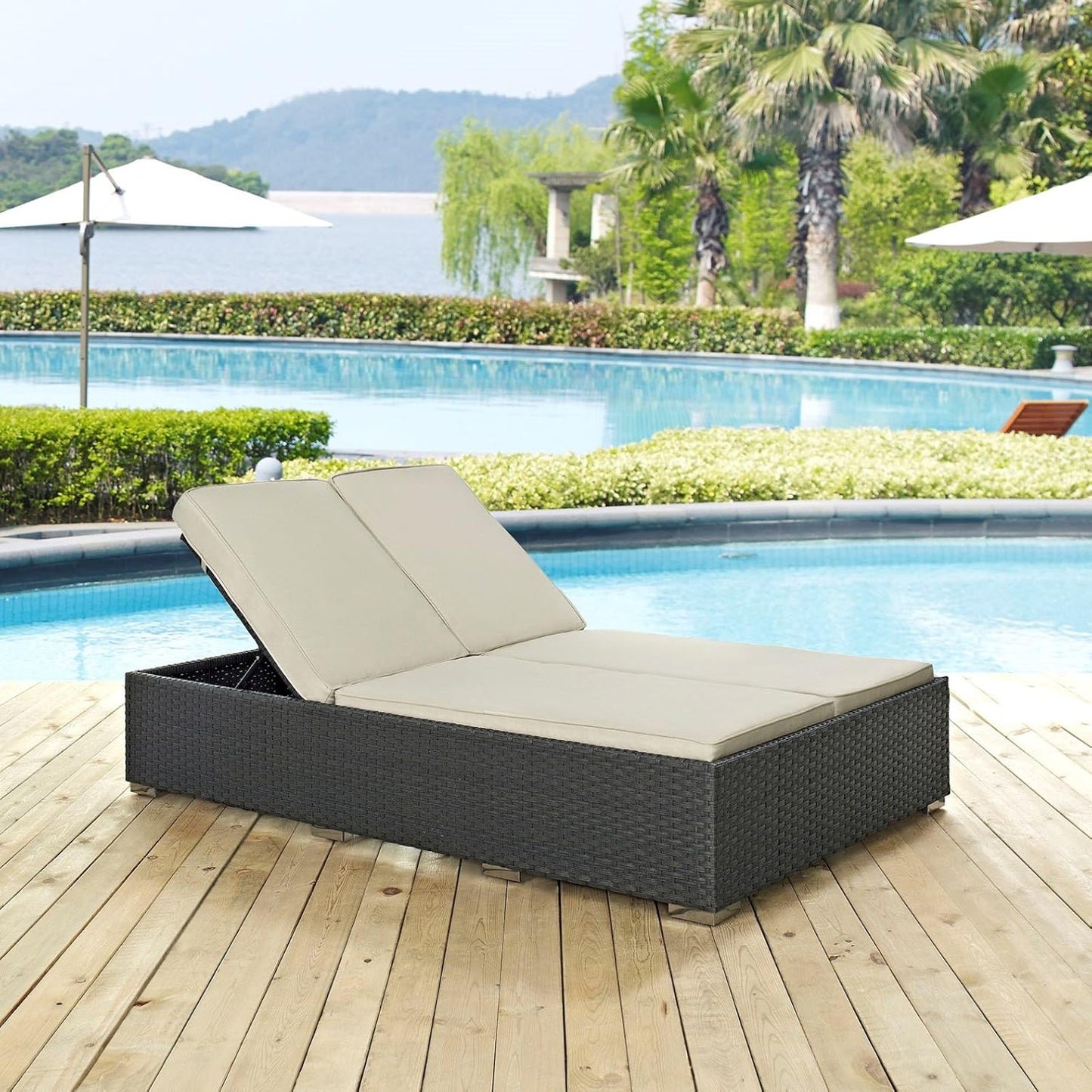 Sojourn Wicker Rattan Outdoor Patio Sunbrella Fabric Double Chaise in Chocolate Beige