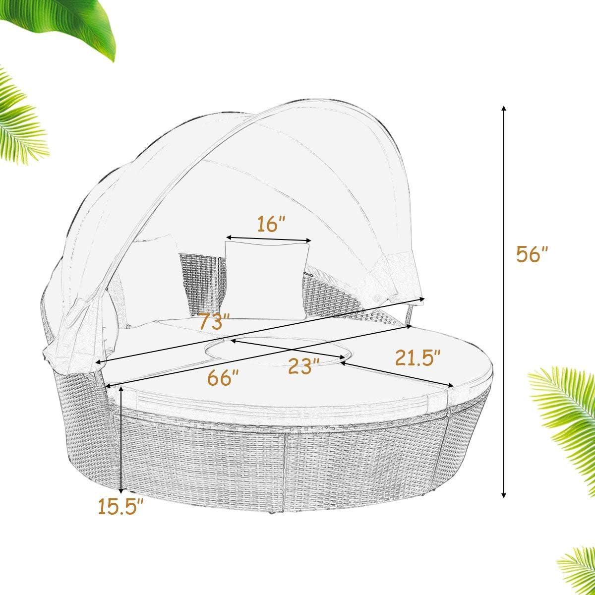 Patio round Daybed with Retractable Canopy, Wicker Furniture Sectional Couch with Separate Cushioned Seats, Adjustable Table Top, Patio Rattan Daybed Sofa for Backyard, Poolside, Black