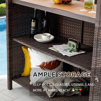 Outdoor Tiki Bar Set, 3 Pieces Wicker Patio Bar Set W/2 Height Stools, Storage Shelf, Canopy, Plastic Wood Tabletop for Backyard Poolside Garden, Brown