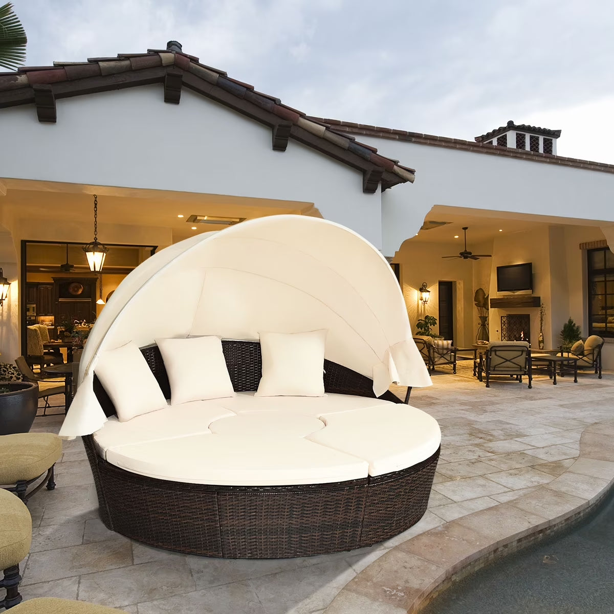 Cushioned Patio Rattan round Daybed W/ Adjustable Table 3 Pillows Canopy