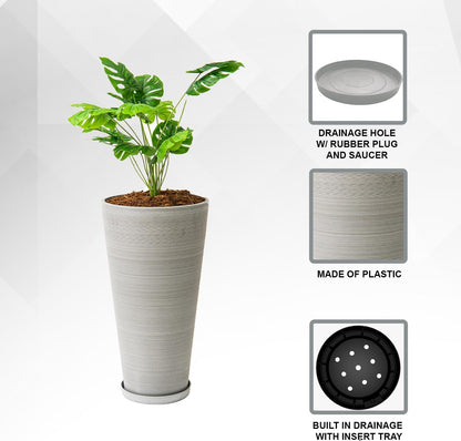 Modern 28-Inch Tall round Planter, Modern Tapered Planter Perfect for Indoor & Outdoor Planter, Patio Décor, Set of 2, Gray
