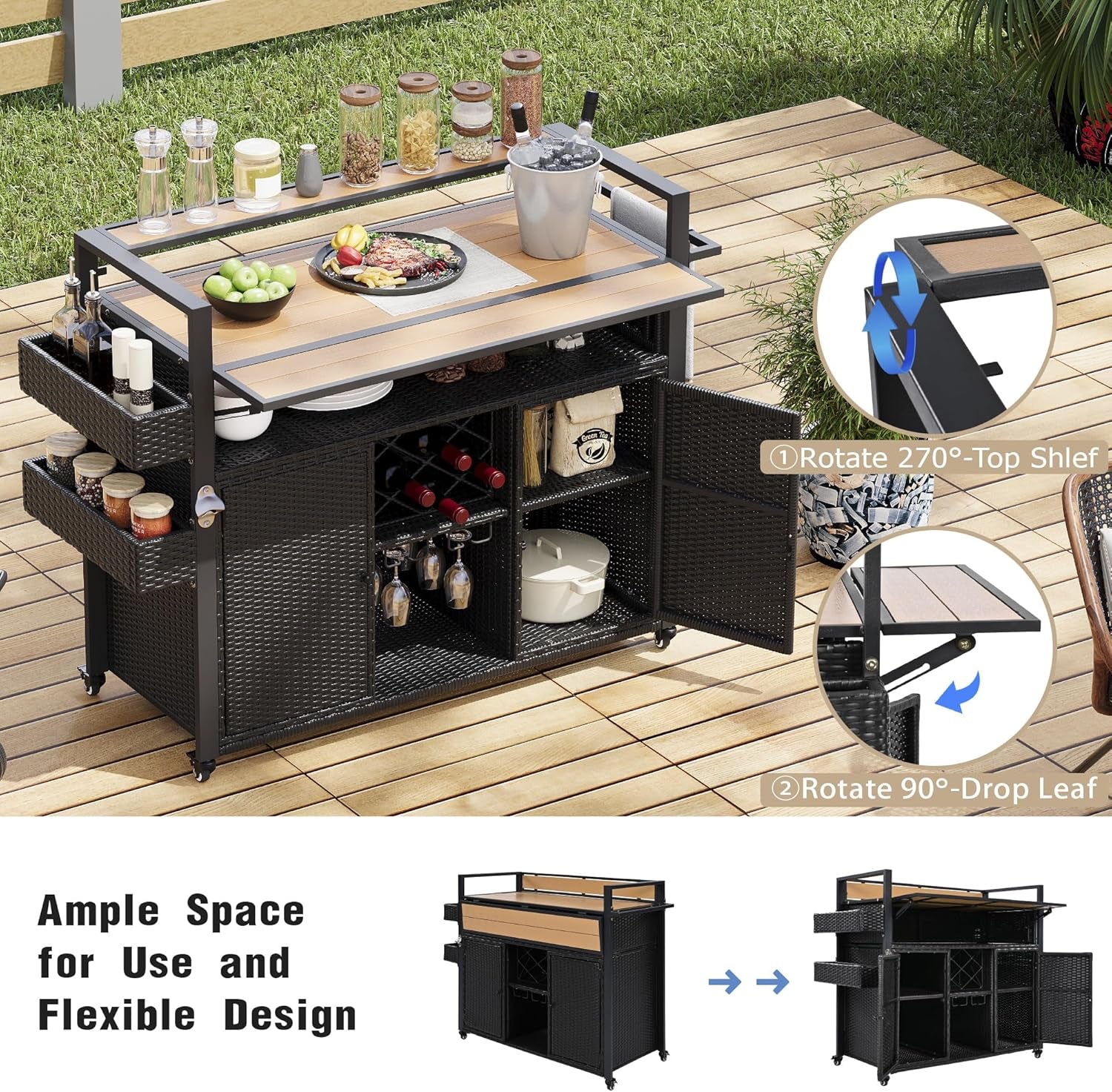 Outdoor Grill Cart BBQ Prep Station, Double Tabletop Rolling Wicker Kitchen Island with 7 Adjustable Shelves & Wine Rack, Weather-Resistant Storage Cabinet for Patio Backyard Garden, Black