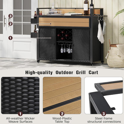 Outdoor Grill Cart BBQ Prep Station, Double Tabletop Rolling Wicker Kitchen Island with 7 Adjustable Shelves & Wine Rack, Weather-Resistant Storage Cabinet for Patio Backyard Garden, Black