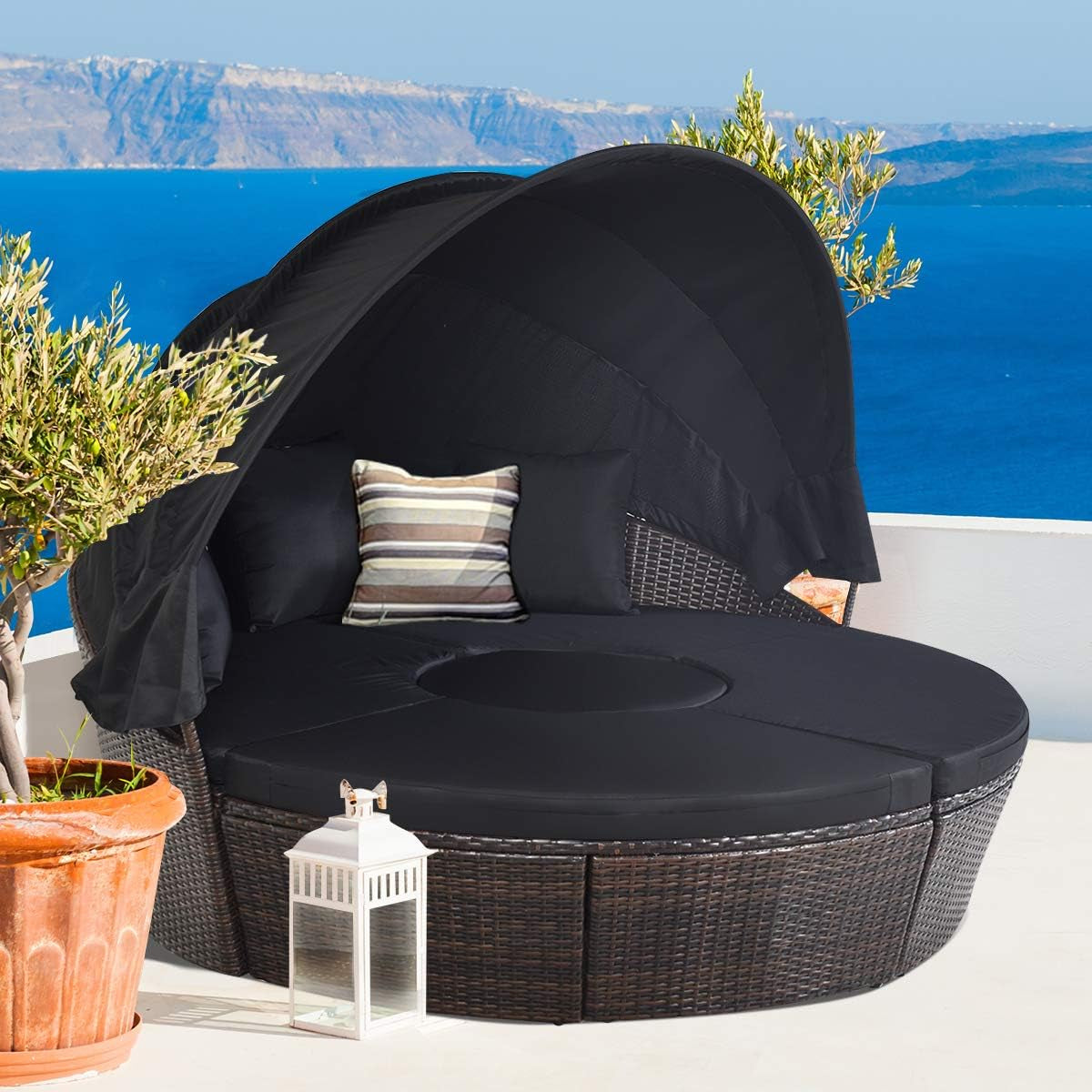 Patio round Daybed with Retractable Canopy, Wicker Furniture Sectional Couch with Separate Cushioned Seats, Adjustable Table Top, Patio Rattan Daybed Sofa for Backyard, Poolside, Black