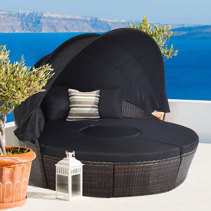 Patio round Daybed with Retractable Canopy, Wicker Furniture Sectional Couch with Separate Cushioned Seats, Adjustable Table Top, Patio Rattan Daybed Sofa for Backyard, Poolside, Black